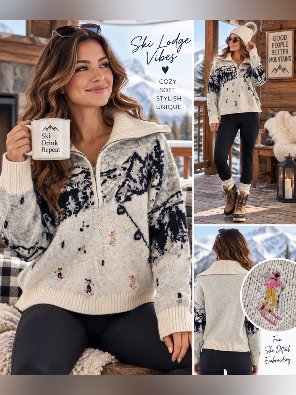 wild fable Cream  Navy Ski-Scene Half-Zip Sweater Extremely Soft! Size M